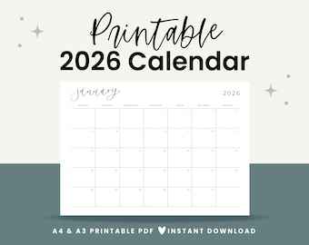 2026 Monatskalender Querformat, A3 & A4 druckbarer Kalender, Jahreskalender, Minimalistischer Kalender, Kalendervorlage, UK Kalender 2025