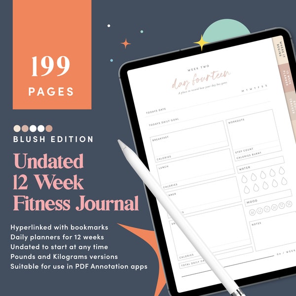 Blush Digital Fitness Planner Goodnotes, Fitness Planner iPad, Fitness Journal Goodnotes, 12 Week Weight Loss Tracker, Meal Tracker, CDDIG