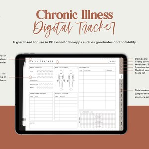 Op de afbeelding: Een digitale tracker voor chronische ziekten, weergegeven op een tabletscherm. De tracker bevat secties voor dagelijkse symptomen, pijnlocatie, pijn tracker, voedsel- en dranktracker, activiteitentracker en pijnprogressie. De tracker is hyperlinked voor gebruik in PDF-annotatie-apps zoals Goodnotes en Notability.