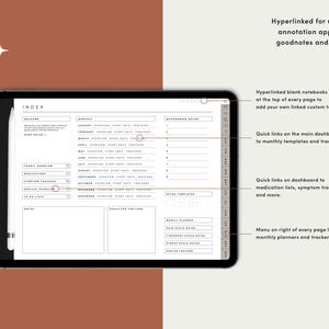 Op de afbeelding: Een digitale planner-indexpagina met een witte achtergrond en zwarte tekst. De index bevat secties voor dagelijkse, wekelijkse, maandelijkse en jaarlijkse planning. De planner is ontworpen voor gebruik met PDF-annotatie-apps zoals Goodnotes en Notability.