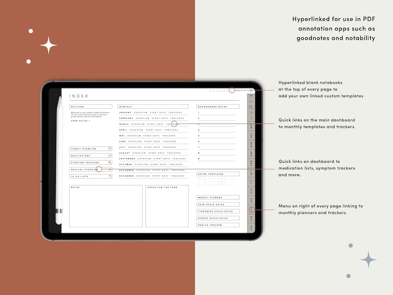 Op de afbeelding: Een digitale planner-indexpagina met een witte achtergrond en zwarte tekst. De index bevat secties voor dagelijkse, wekelijkse, maandelijkse en jaarlijkse planning. De planner is ontworpen voor gebruik met PDF-annotatie-apps zoals Goodnotes en Notability.