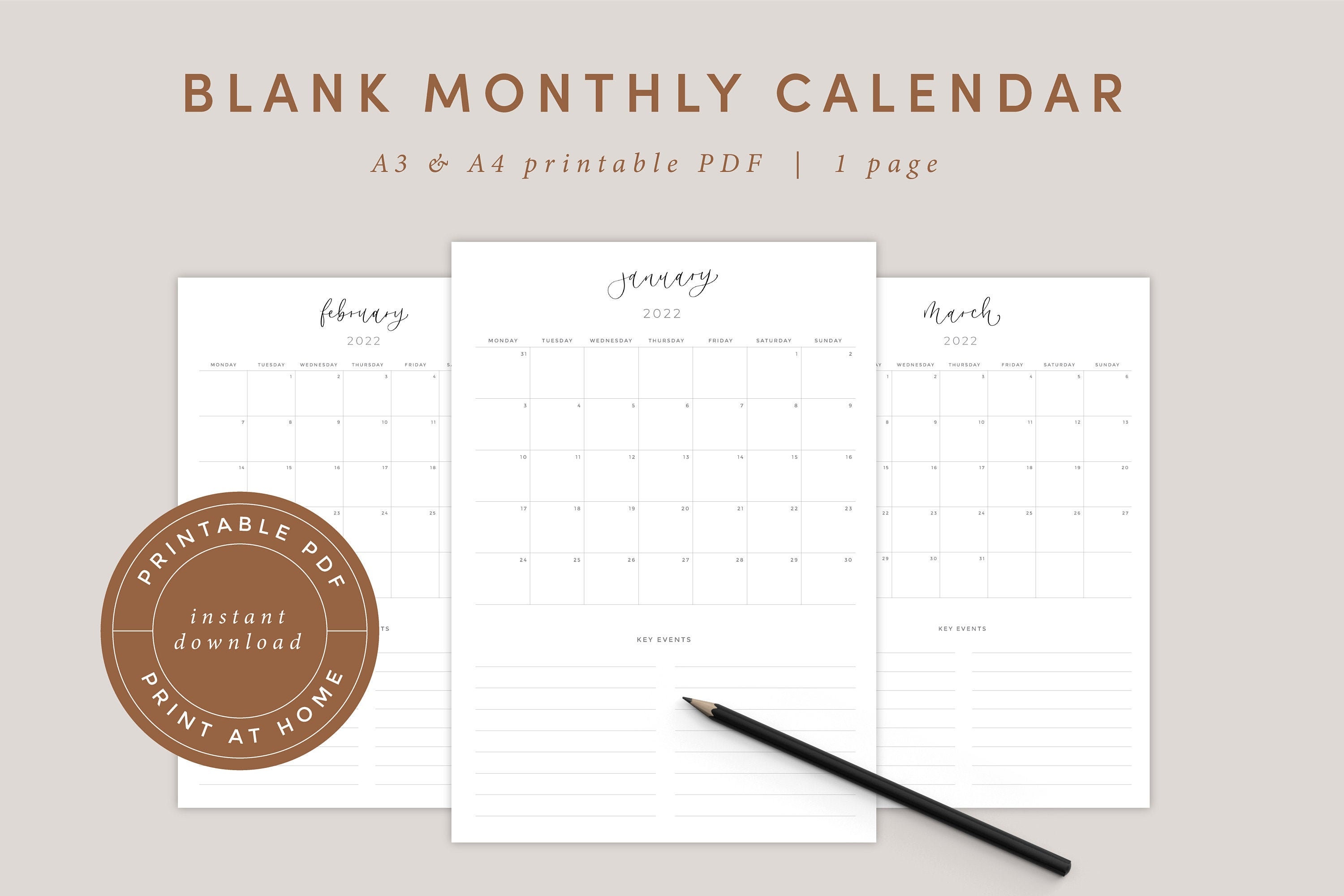 2022 monthly calendar portrait printable calendar year etsy