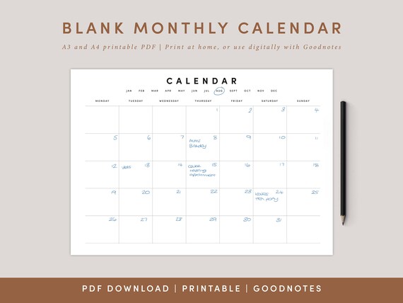 Blank Monthly Calendar Landscape Template, Printable Calendar Blank, Blank  Calendar, Minimalist Calendar, A4 and A3, Goodnotes Calendar - Etsy