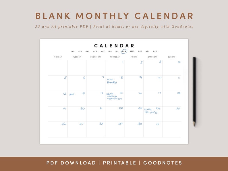 Blank Monthly Calendar Landscape Template, Printable Calendar Blank ...