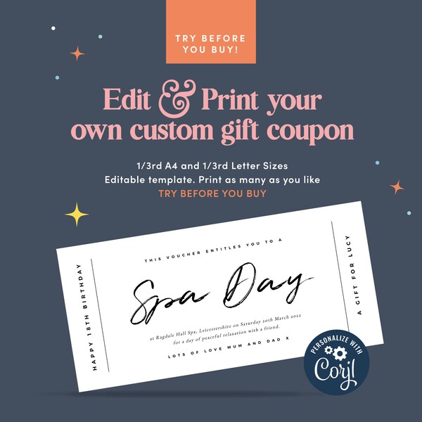 Editable Coupon, Coupon Template, Printable Coupon, Custom Coupon, Birthday Voucher, Gift for Her, Gift for Him, Custom Voucher Template