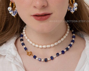Blue Stone & Pearl Necklace