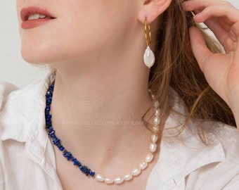 Lapis & Pearl Necklace • Gold Beads • Bolt Ring Clasp • Gift for Her and Him