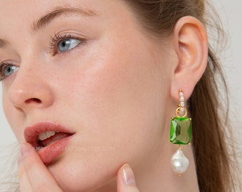 Green Crystal & Pearl Statement Earrings