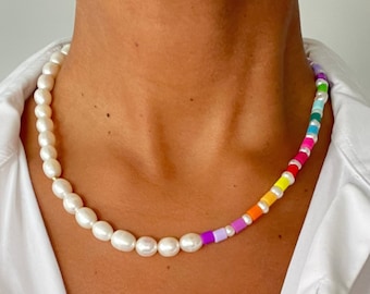 Pearl and Multi Colour Bead Necklace - Bolt Ring Clasp - Colourful Beads & Pearl Necklace