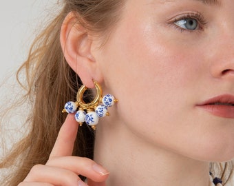 Porcelain Bead and Gold Hoop Earrings