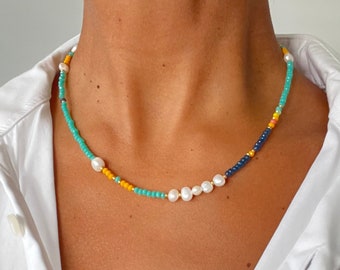 Aqua Necklace • Pearl and Turquoise Blue Beads Necklace • Gift for Her