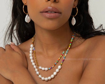 African Rainbow Colourful Beads and Pearls Chain Necklace