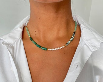 Freshwater Pearl and Green Stone Necklace