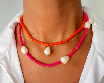 Pink & Orange Bead and Pearl Necklace