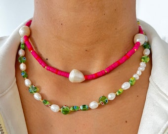 Green Millefiori Bead & Pearl Necklace