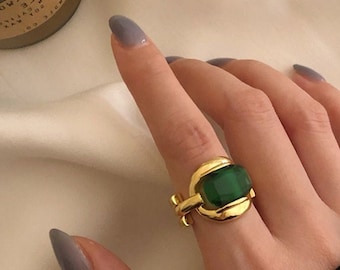 Emerald Green Gold Plated Statement Ring - 18k Gold Plated Adjustable Ring - Cocktail Ring - Mothers Day Gift - Gift for Her