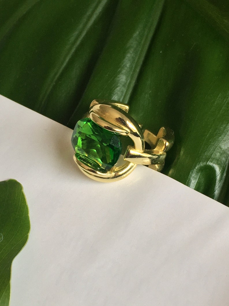 Emerald Green Gold Plated Statement Ring 18k Gold Plated Adjustable Ring Cocktail Ring Mothers Day Gift Gift for Her image 3