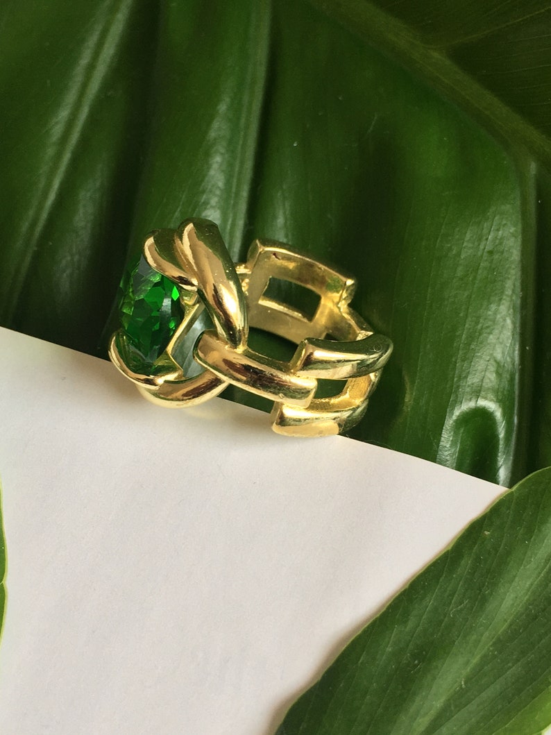 Emerald Green Gold Plated Statement Ring 18k Gold Plated Adjustable Ring Cocktail Ring Mothers Day Gift Gift for Her image 4