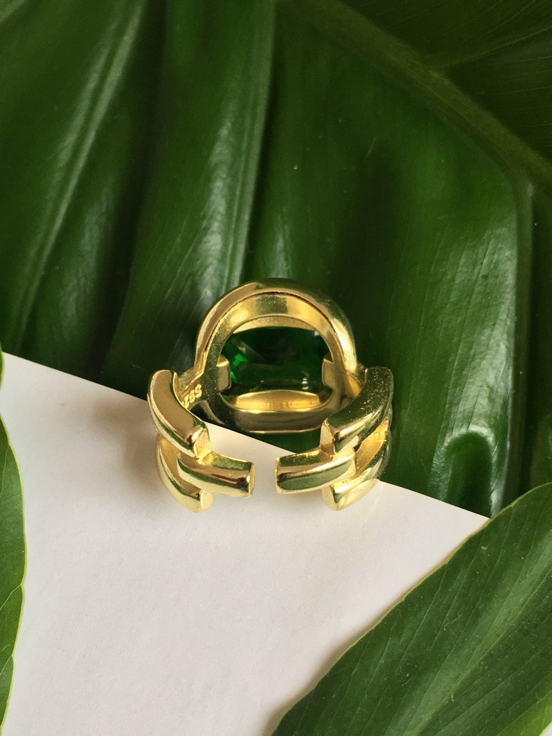 Emerald Green Gold Plated Statement Ring 18k Gold Plated Adjustable Ring Cocktail Ring Mothers Day Gift Gift for Her image 7