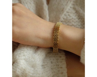 Watchband Link Chain Bracelet • Cuban Snake Chain Bracelet • Mesh Bracelet • 18K Gold Plated Bracelet • Vintage