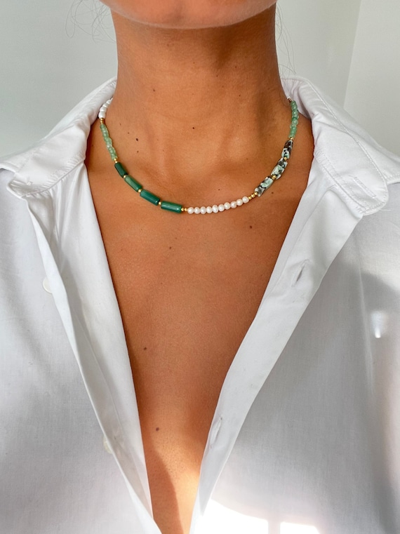 Freshwater Pearl and Green Stone Necklace Etsy