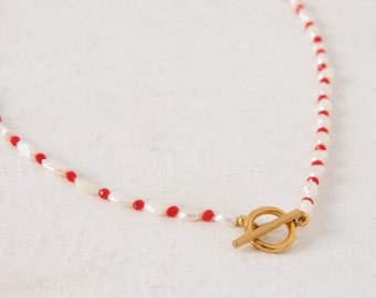 Red Glass Bead & Seed Pearl Necklace