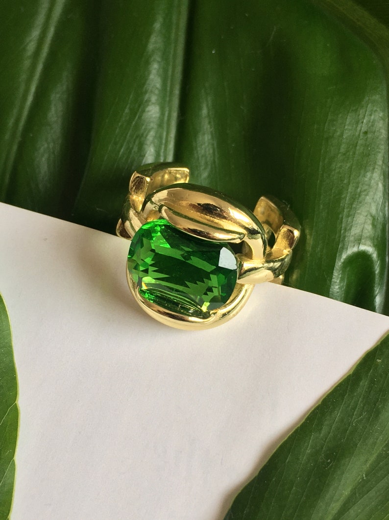 Emerald Green Gold Plated Statement Ring 18k Gold Plated Adjustable Ring Cocktail Ring Mothers Day Gift Gift for Her image 6