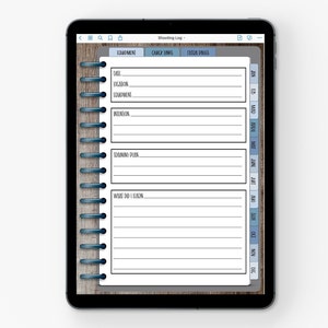 May include: A digital planner template for tracking shooting practice. The template includes sections for equipment, quick links, extra pages, and a calendar for tracking progress.