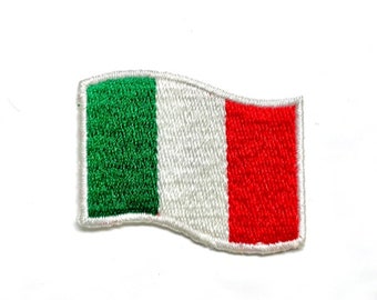 May include: A green, white, and red embroidered Italian flag patch. The flag is waving in the wind.