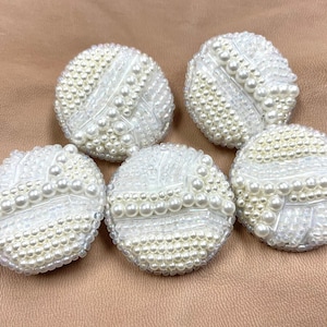 Set of 5pcs Rare Vintage White Pearl Beaded Rhinestone Buttons Wedding 4cm