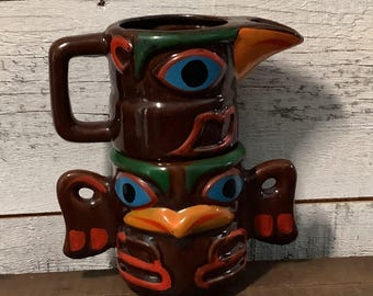 Vintage Alaskan Totem Pole Sugar Bowl and Creamer Set