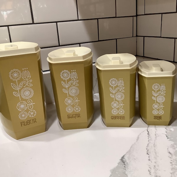 Set of 4 Lustro Ware Nesting Plastic Canisters for Flour, Sugar, Coffee, and Tea 1970s