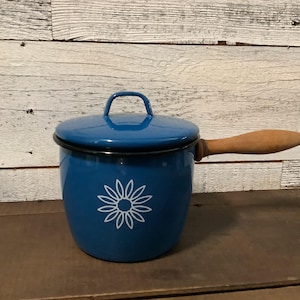 May include: A blue enamelware saucepan with a lid and wooden handle. The pot features a white floral design on the front. The handle is made of wood. The pot is sitting on a wooden surface.