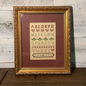 Vintage Framed Cross Stitch Sampler, Alphabet, Flowers, Dated 1995, Cottagecore