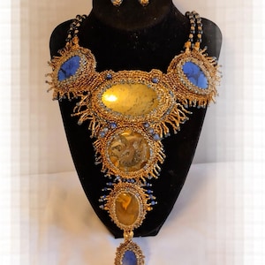 Egyptian Statement Beads Embroidery Necklace.Egyptian Night. Set with lapis lazuli,pirates and jasper. unique and unrepeatable creation