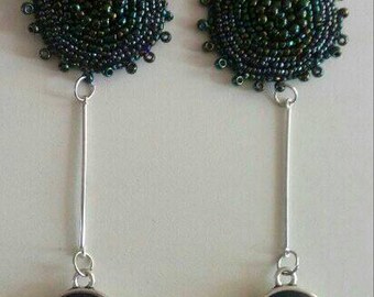 bead embroidery earrings, handmade jewelry for woman, rare gift, worked on genuine leather, blue earrings, long fashionable earrings 2025
