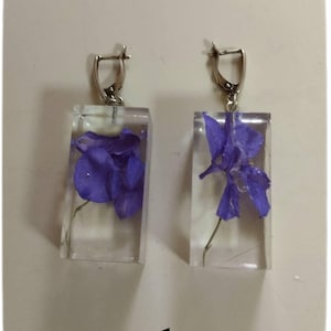 earrings with natural flowers on epoxy resin gift for woman, rare find earrings,earrings violet color.Exotic jewelry.  unusual earrings