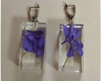 earrings with natural flowers on epoxy resin gift for woman, rare find earrings,earrings violet color.Exotic jewelry.  unusual earrings