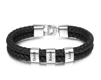 Personalized Family Name Beads Bracelet, Black Engraved Braided Leather Stainless Steel Bracelet for Men for Women, Customized Gift Idea