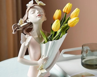 Butterfly Girl Vase Statue, Handmade Nordic Butterfly Girl Sculpture Creative Vase, Modern Home Decor, Room Desk Decoration, Flower Vases