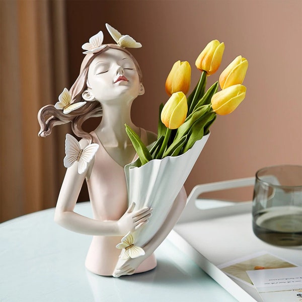 Statue de fille papillon, sculpture nordique faite main de fille papillon, vase créatif fait main, décoration d'intérieur moderne, décoration de bureau, vases de fleurs