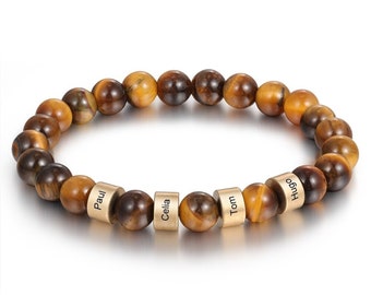 Personalized Handmade Family Name Tiger Eye Stone Beads Bracelet, Tiger Beads Bracelet for Men for Women, Custom Name Bracelet, Gift Idea