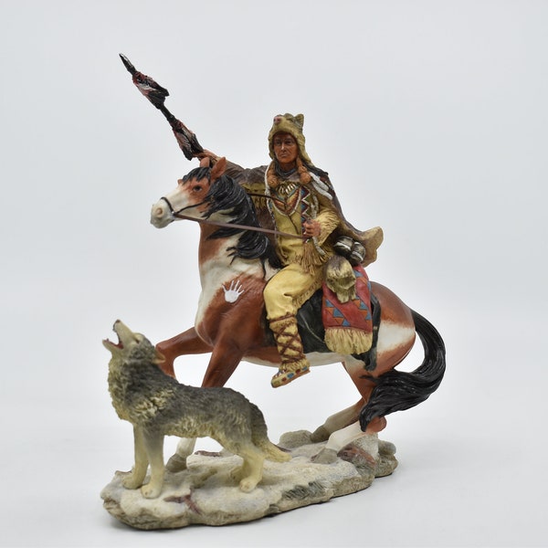 Indian Warrior on Horse with Wolf Statue Sculpture Resin Figure 21 cm | Cheyenne Indian Riding Horse Statue - Native American Sculpture