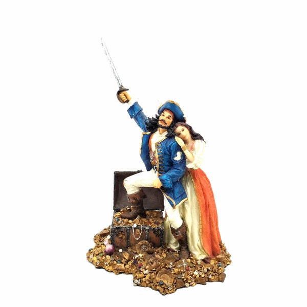 Couple de pirates et leur figurine au trésor, décoration en résine, cadeau d'anniversaire, statue de pirate décorative 24 cm