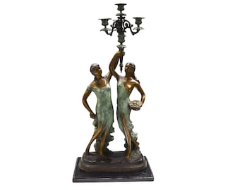 Large Bronze Double Female Candlestick Statue on Marble Base 34'', Home Office Decoration Sculptures