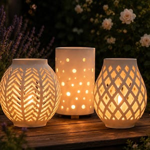 May include: Three white ceramic lanterns with cut-out patterns. The left lantern has a chevron design, the center is a tall cylinder with circular holes, and the right lantern features a diamond lattice pattern. All three emit a warm internal glow.