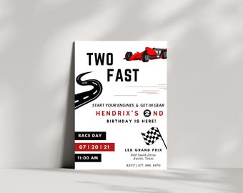 Peut inclure: Une invitation d'anniversaire de course automobile rouge et noire avec le texte "TWO FAST" et "HENDRIX'S 2ND BIRTHDAY IS HERE!" L'invitation comprend la date et l'heure de l'événement, "RACE DAY 07 | 20 | 21 11:00 AM", et le lieu, "LED GRAND PRIX 890 Smith Drive Austin, Texas RSVP | 877. 988. 8970".