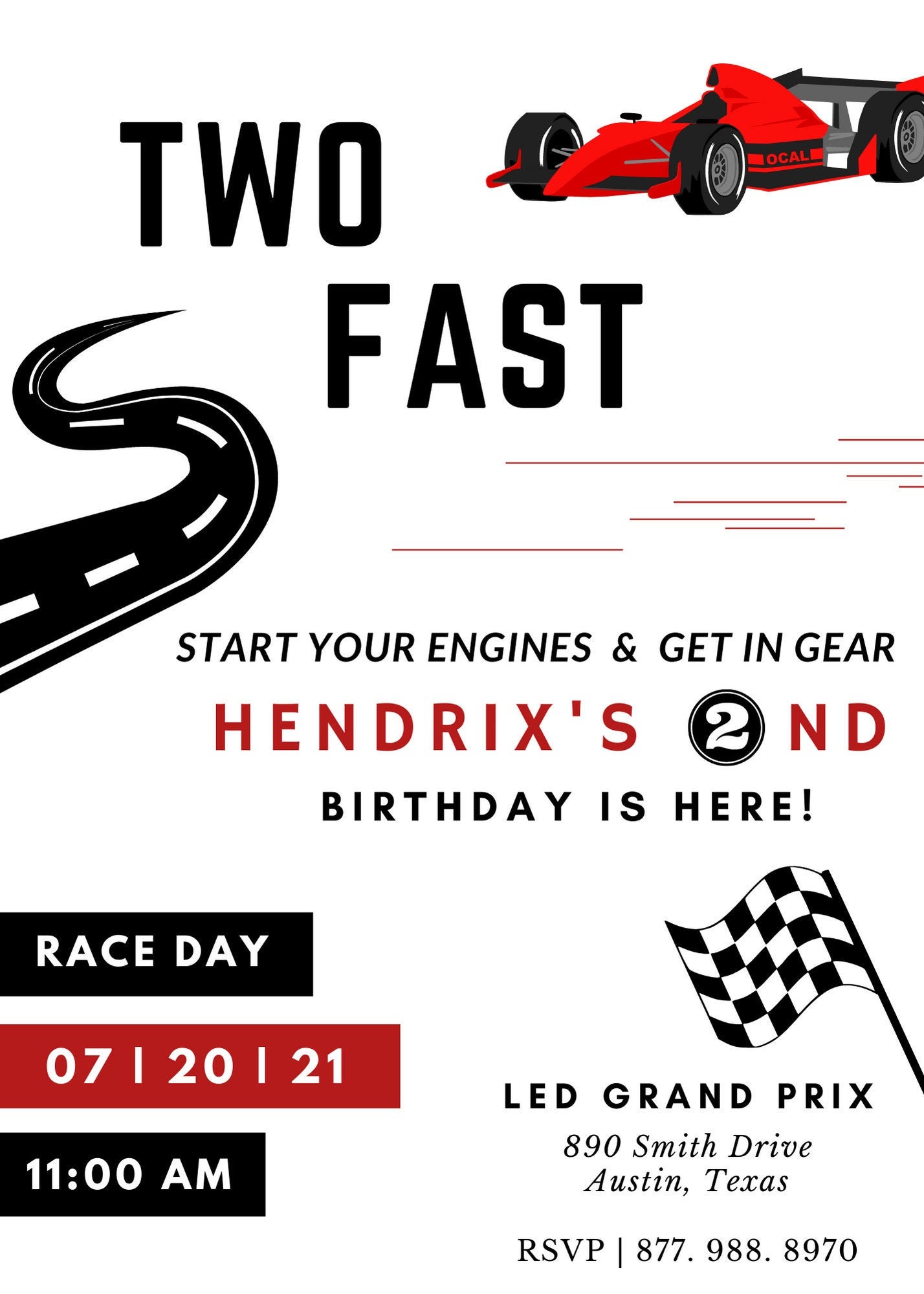 Race Car Invitation Formula 1 Two Fast Theme Car