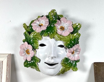 Vintage Italian ceramic Bacchus mask spring flowers