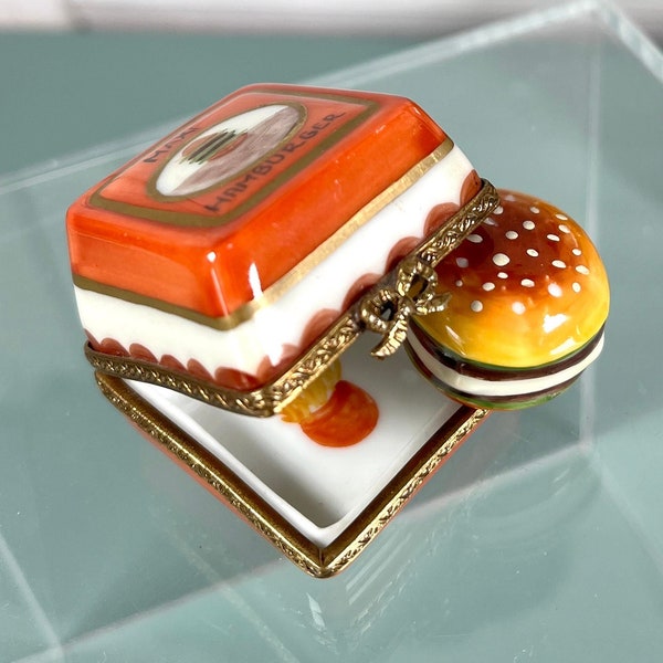 Rare hamburger burger hand painted porcelain jewelry box or pill box Limoges France trinket